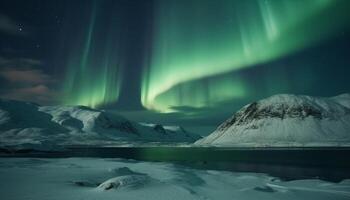 Majestic mountain range illuminated by aurora polaris in arctic night generated by AI photo