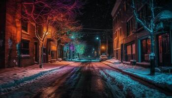 The old city street illuminated by multi colored street lights generated by AI photo