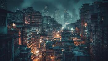 The illuminated city skyline at dusk, a modern metropolis generated by AI photo