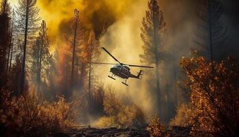 Helicopter hovering mid air, extinguishing forest fire with water machinery generated by AI photo