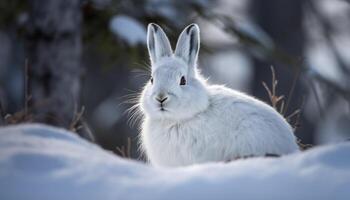 Fluffy hare sits in snow, ear focused, cute portrait captured generated by AI photo