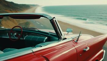 Vintage convertible speeds along coastline, reflecting sunset in rear view mirror generated by AI photo