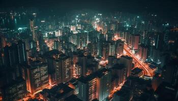 Modern skyscrapers illuminate the crowded city skyline at dusk generated by AI photo