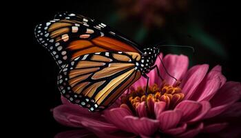 el vibrante monarca mariposa poliniza un fragilidad de margaritas generado por ai foto