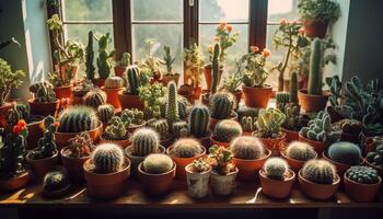 A collection of potted plants in a row on shelf generated by AI photo