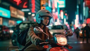 A confident biker races through the illuminated city at dusk generated by AI photo