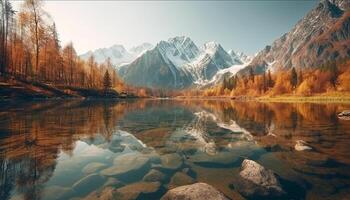 The majestic mountain range reflects in tranquil water, a beauty generated by AI photo