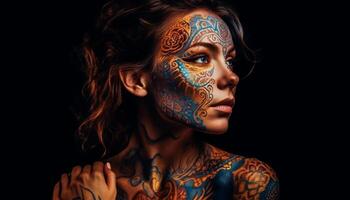 One young adult woman, adorned in body paint, exudes sensuality generated by AI photo