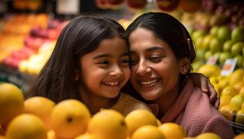 Mother and daughter embrace, smiling with organic fruit choice generated by AI photo