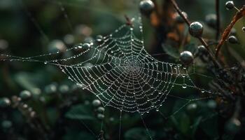 escalofriante araña giros seda trampa en rociado bosque prado generado por ai foto