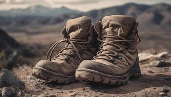 A dirty hiking boot, laced up for extreme terrain exploration generated by AI photo