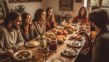 A cheerful group of multi ethnic friends enjoy dinner party indoors generated by AI photo