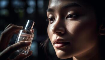 One young woman holding bottle of perfume exuding sensuality generated by AI photo