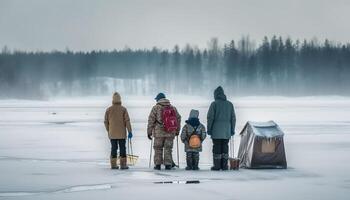 A group of tourists hiking in the snowy mountain landscape generated by AI photo