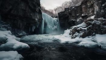 Frozen icicles cling to majestic mountain cliff in tranquil scene generated by AI photo