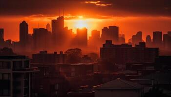 The urban skyline glows with backlit skyscrapers at sunset generated by AI photo