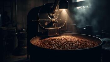 Barista prepares gourmet cappuccino using fresh coffee beans and machinery generated by AI photo