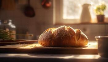 Freshly baked homemade bread on rustic wooden table for healthy meal generated by AI photo