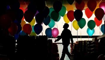 un juguetón grupo de personas celebrar con vibrante globos al aire libre generado por ai foto