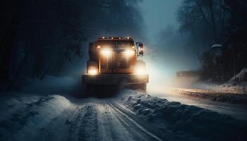 A snowplow truck clears the slippery winter asphalt with ease generated by AI photo