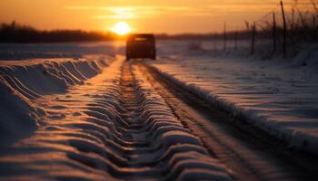 un amarillo camión velocidades mediante Nevado bosque, persiguiendo invierno puesta de sol generado por ai foto