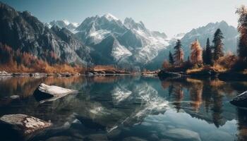 The majestic mountain peak reflects in tranquil waters, breathtaking beauty generated by AI photo