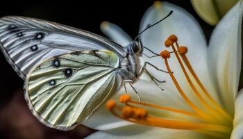The fragile beauty of a multi colored butterfly pollinating a flower generated by AI photo