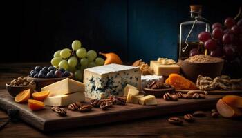 A gourmet cheese plate with Camembert, Brie, and Parmesan varieties generated by AI photo