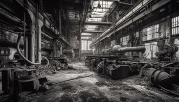 Abandoned factory rusty machinery, broken equipment, spooky built structure generated by AI photo