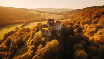 The ancient ruins of a medieval castle in a rural scene generated by AI photo