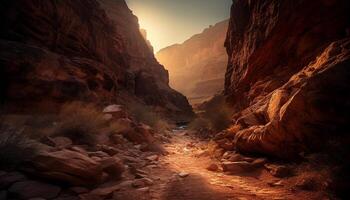 Sunset over majestic mountain range, a tranquil scene for hiking generated by AI photo