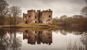 The ancient ruined monastery reflects in the tranquil pond water generated by AI photo