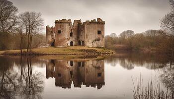 The ancient ruined monastery reflects in the tranquil pond water generated by AI photo