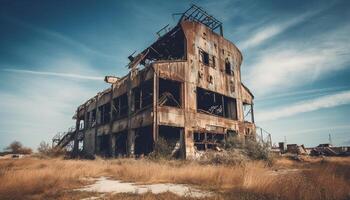 Abandoned building exterior, rusty roof, broken window, spooky ghost town generated by AI photo