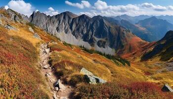 Majestic mountain peak, tranquil footpath, multi colored autumn meadow adventure generated by AI photo