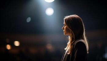 Smiling young woman stands illuminated in city nightlife, exuding elegance generated by AI photo