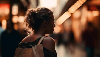 uno de moda mujer caminando al aire libre, compras con marrón bolso generado por ai foto