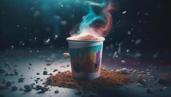 Hot mocha in blue mug, steam rising from coffee cup generated by AI photo