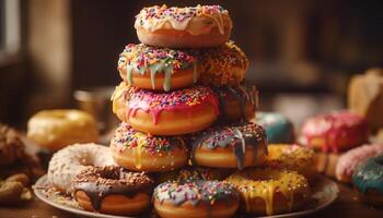 A tempting stack of homemade glazed donuts with strawberry icing generated by AI photo