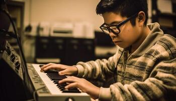 Concentrated schoolboy playing piano, learning musical skills indoors with enjoyment generated by AI photo