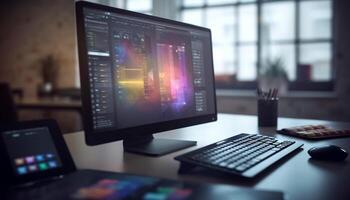 Modern office desk with computer equipment inspires creativity and development generated by AI photo