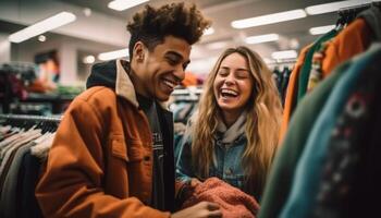 sonriente joven Pareja unión mientras compras para calentar invierno ropa generado por ai foto