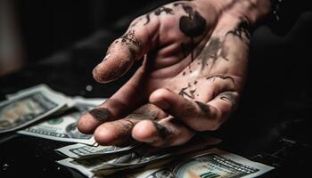 Dirty businessman holding US currency, making wealth through industry and creativity generated by AI photo