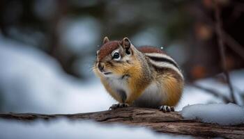 Fluffy chipmunk sitting on branch, eating winter food outdoors generated by AI photo