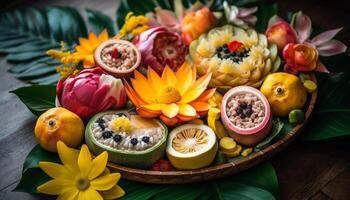 A bowl of fresh tropical fruit, healthy and colorful variation generated by AI photo