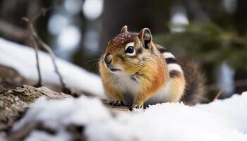 A fluffy ground squirrel eating grass in the snow generated by AI photo