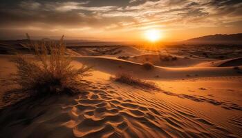 Tranquil scene Majestic mountain range, rippled sand dunes, orange sunset generated by AI photo