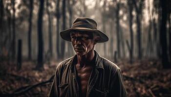 uno confidente hombre en casual ropa en pie en otoño bosque generado por ai foto