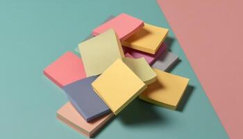 Colorful adhesive notes stack on blank paper backdrop for reminders generated by AI photo