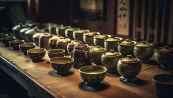 Ancient pottery collection in old fashioned workshop, a cultural souvenir arrangement generated by AI photo